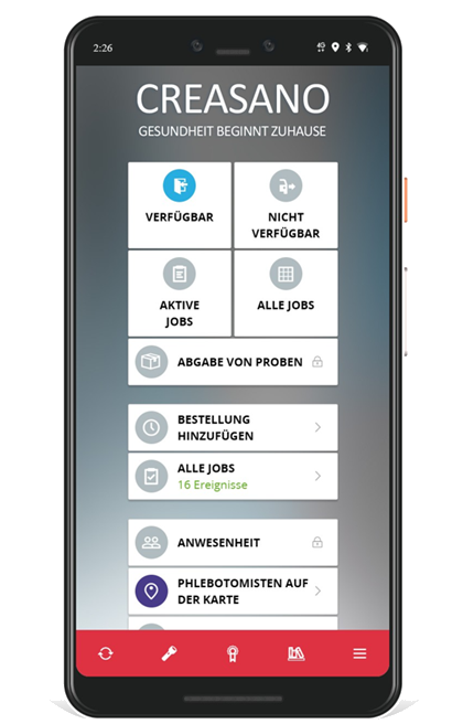 Startbildschirm der CREASANO-App auf einem Smartphone: Verfügbar, Aktive Jobs, Abgabe von Proben, Bestellung hinzufügen